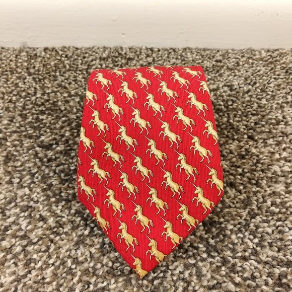 Hermes Neck Tie Silk Unicorn Print Red Beige Tan 61L 3.75W France Made - Picture 1 of 4